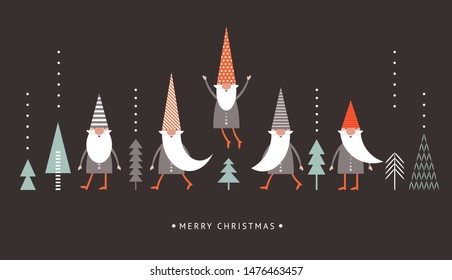 Christmas Card, Seasons greetings, cute  Gnomes in red hats on black background