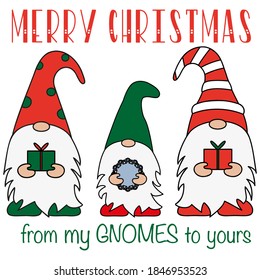 Christmas Card, Season's greetings, cute Christmas gnomes on a white background. Vector illustration flat design of a fairytale or fantastic characters of dwarfs isolated on white.