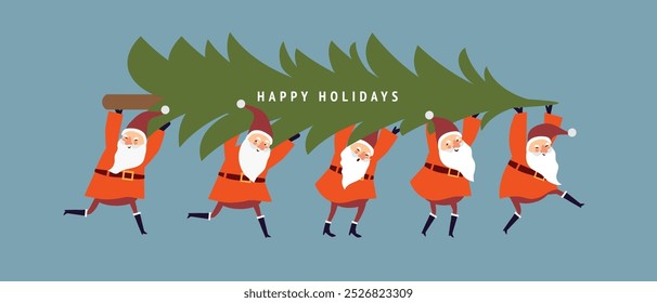 Christmas Card, Seasons greetings , cute Christmas gnomes carrying xmas tree