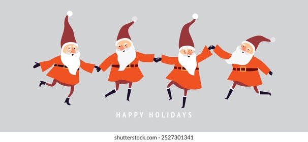 Cartão de Natal, Saudações de estações, dança bonito engraçado gnomes de Natal, cartão de feriados feliz, banner horizontal