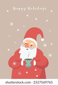 Cartão de Natal, Saudações da estação. Papai Noel bonito com xícara de chá