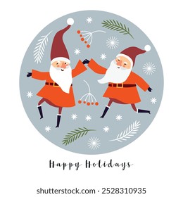 Christmas Card, Seasons greetings , cute dancing Christmas gnomes, round sticker