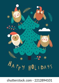 Christmas card, Seasons greetings illustration,  cute owls on tree