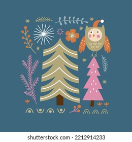 Christmas card, Seasons greetings illustration,  cute owl and christmas tree