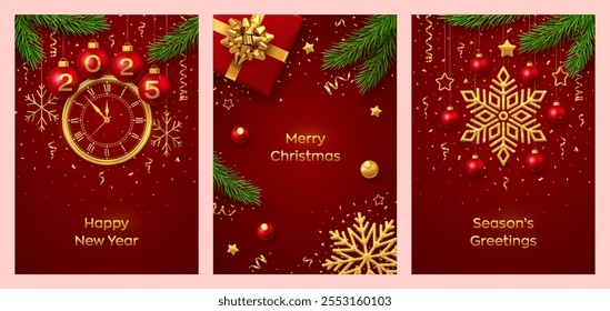 Christmas card set. Balls with numbers 2025. Watch with Roman numeral and countdown midnight, eve for New Year. Gift box, hanging gold snowflakes, stars, balls on red background. Vector illustration.