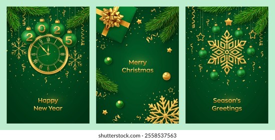 Christmas card set. Balls with numbers 2025. Watch with Roman numeral and countdown midnight, eve for New Year. Gift box, hanging gold snowflakes, stars, balls on green background. Vector illustration