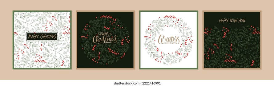 Christmas card set. Borders with botanical elements, hand drawn winter holidays lettering. Winter greeting posters. Flat vector cards with red rowan berries and rowan leaves. Four templates.