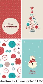 Christmas card set. button background, snowman and seasonal tree made  of buttons