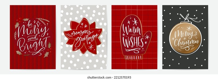 Christmas card set with calligraphy phrases, red, white and grey patterned backgrounds and gold decorations. Traditional colors design with Merry Christmas, warm wishes, seasons's greetings text.