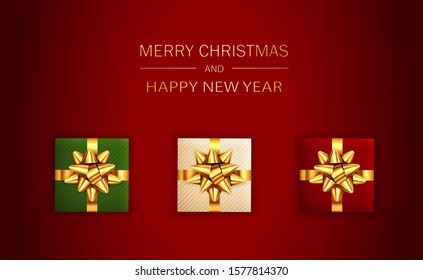 Christmas card. Set of colored realistic gifts with golden bows on red background. Illustration with holiday lettering can be used for Christmas design, posters, cards, websites, headers, banners.