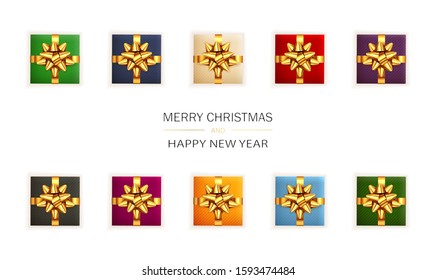 Christmas card. Set of colored realistic gifts with golden bows on white background. Illustration with holiday lettering can be used for Christmas design, posters, cards, websites, headers, banners.