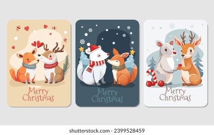 Christmas Card Set With Cute Animal Couples Vector Illustration