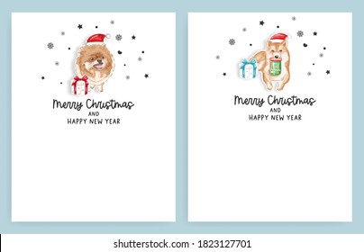 Christmas card set with cute Pomeranian and Shiba dog with Santa hat, gift boxes, digital painted style vector illustration.