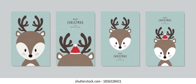 Christmas card set. Cute Reindeer Merry Christmas greeting with lettering vector.