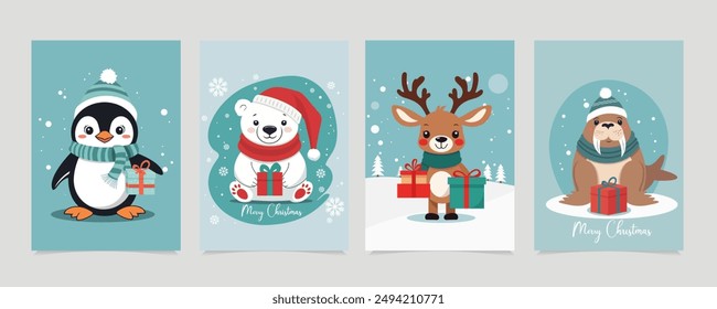 Christmas card set with cute winter animals wearing hats, scarfs and presents and calligraphy. Cute and elegant vector illustration templates in simple style