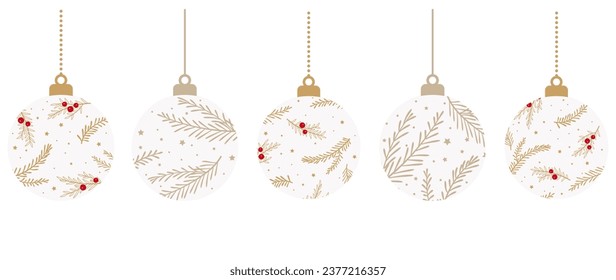 Christmas card with a set of decorated balls and decor of fir branches, on a white isolated background. Flat illustration for postcards and decor.	