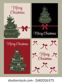 Weihnachtskartenset mit dekorierten Kiefern, roten Schleifen und Weihnachtsbeschriftungen - festliche Postkartenvorlagen für Frohe Weihnachten und Neujahr