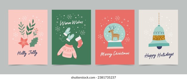 Christmas card set with decorations and calligraphy. Cute and elegant vector illustration templates in simple style