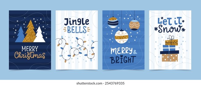 Christmas card set with decorations and calligraphy. Minimalist vector design templates in blue and gold