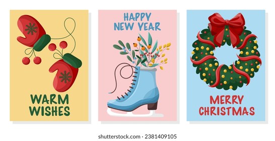 Christmas card set with decorations and text inscription. Cute vector illustration templates in simple style. Holiday concept. Merry Christmas, Happy New Year, warm wishes. Winter holiday cards.