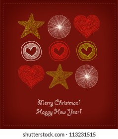 Christmas Card. Set with decorative hearts and stars. Elements for design greeting postcards, gifts, invitation