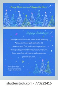 Christmas card set with flying paper airplanes and winter firs on snowy blue background. Holiday design with empty space for text. New Year template in bright colors. Vector