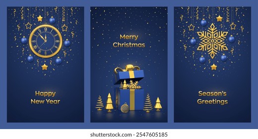 Christmas card set. Gift box, gold snowflake, pine, spruce trees, ball. Watch with Roman numeral and countdown midnight, eve for New Year. Hanging stars, balls on blue background. Vector illustration.