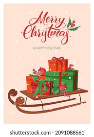 Christmas card with set gifts, with winter decorations sleigh ride. Lettering Merry Сhristmas and New Year holiday. Vector illustration