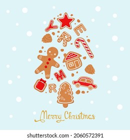 Christmas card. A set of gingerbread cookies in the shape of a Christmas tree. Cartoon style.