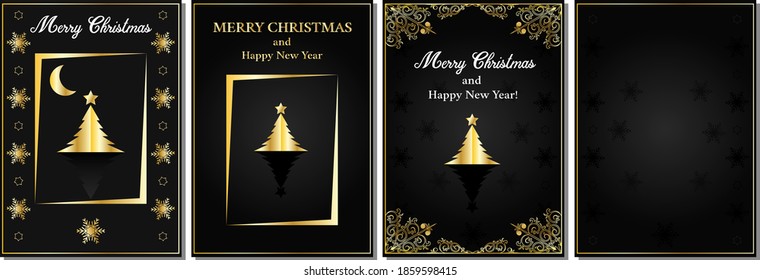 Christmas card set. Golden elements of a Christmas tree, frames, snowflakes on a black background. Christmas flyer