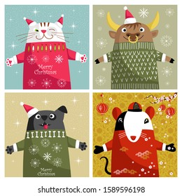 Christmas card. set of greeting banners. vector illustration with animals