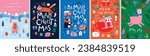 Christmas card set - hand drawn cute flyers. Postcards with lettering and Christmas graphic elements. Xmas prints. Vector illustration.