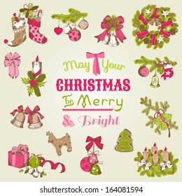 Christmas Card with set of hand drawn, for design and scrapbook in vector