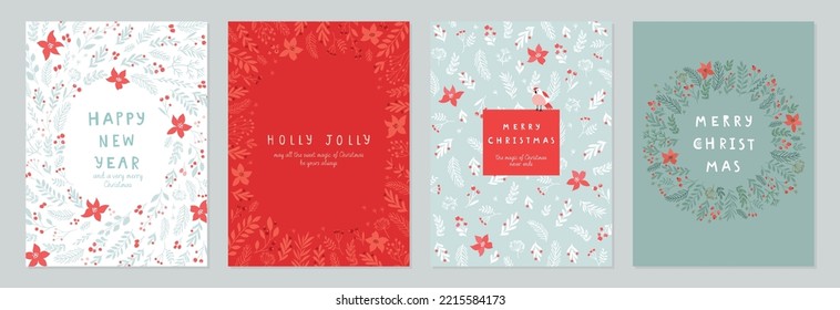 Christmas card set - hand drawn floral flyers. Lettering with christmas decorative elements. Vector illustration.