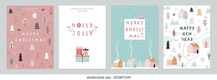 Christmas card set - hand drawn cute flyers. Postcards with lettering and christmas background. Vector illustration.