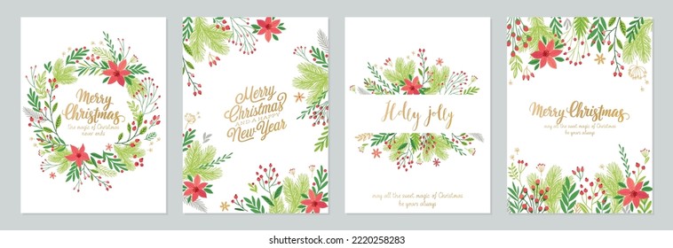 Christmas card set - hand drawn floral flyers. Lettering with Christmas decorative elements. Vector illustration.