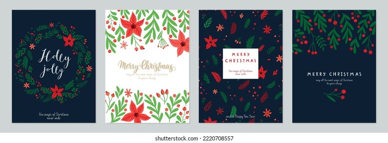 Christmas card set - hand drawn floral flyers. Lettering with Christmas decorative elements. Vector illustration.