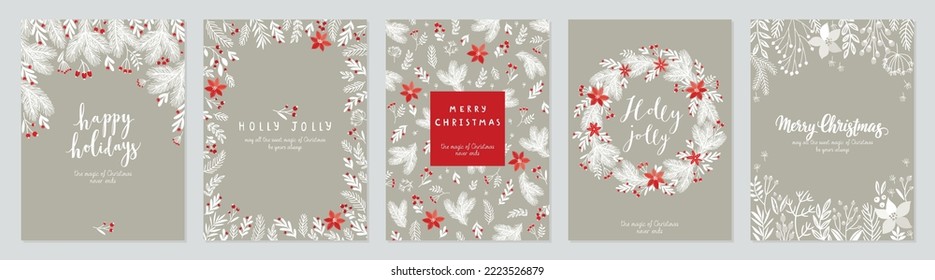 Christmas card set - hand drawn floral flyers. Lettering with Christmas decorative elements. Vector illustration.