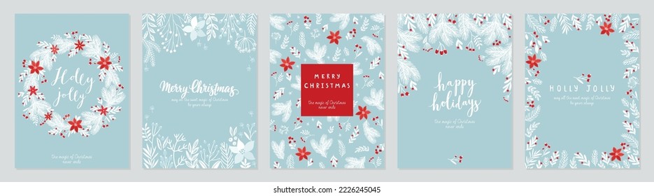 Christmas card set - hand drawn floral flyers. Lettering with Christmas decorative elements. Vector illustration.