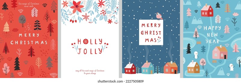 Christmas card set - hand drawn cute flyers. Postcards with lettering and Christmas background - winter village. Vector illustration.