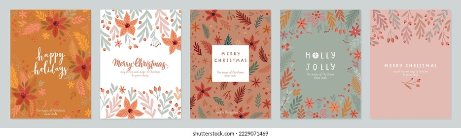 Christmas card set - hand drawn floral flyers boho style. Lettering with Christmas decorative elements. Vector illustration.