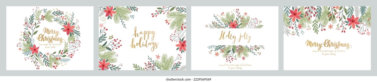 Christmas card set - hand drawn floral flyers. Lettering with Christmas decorative elements. Vector illustration.