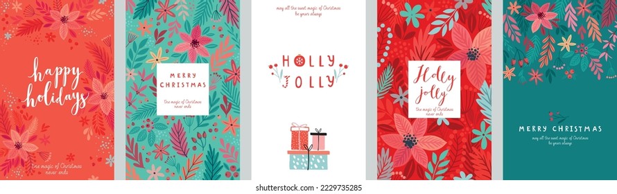 Christmas card set - hand drawn floral flyers. Lettering with Christmas decorative elements. Vector illustration.