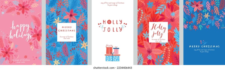 Juego de tarjetas de Navidad - volantes florales de mano. Leer con elementos decorativos de Navidad. Ilustración vectorial.