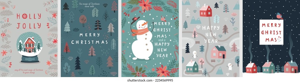 Christmas card set - hand drawn cute flyers. Postcards with lettering and Christmas background - winter village. Vector illustration.