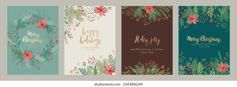 Christmas card set - hand drawn floral flyers. Lettering with Christmas decorative elements. Vector illustration.