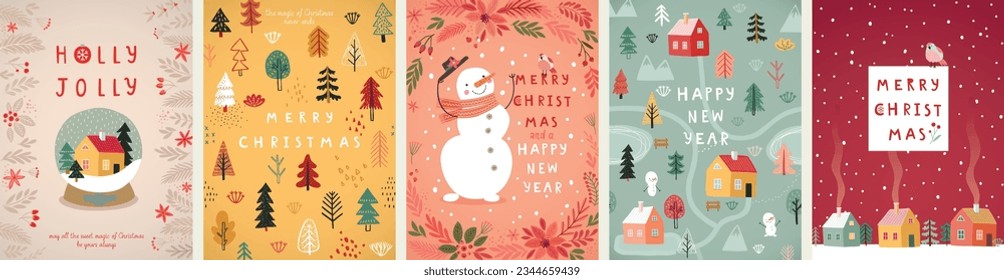 Christmas card set - hand drawn cute flyers. Postcards with lettering and Christmas background - winter village. Vector illustration.