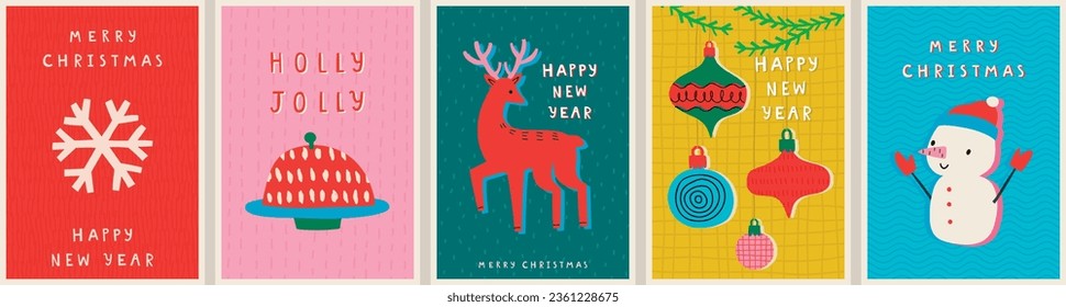 Christmas card set - hand drawn cute flyers. Postcards with lettering and Christmas graphic elements. Vector illustration.
