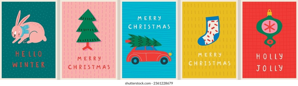 Christmas card set - hand drawn cute flyers. Postcards with lettering and Christmas graphic elements. Vector illustration.