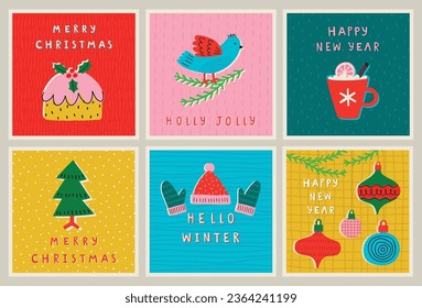 Christmas card set - hand drawn cute flyers. Postcards with lettering and Christmas graphic elements. Vector illustration.